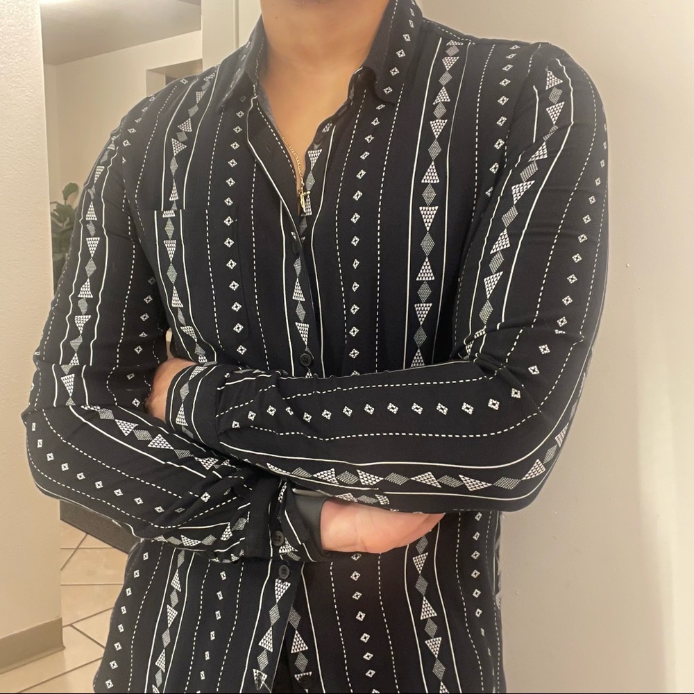 Navy button down shirt with tribal pattern